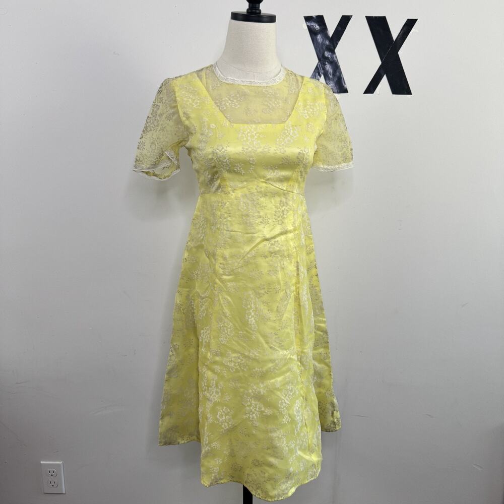 Vintage 60s Handmade Yellow Floral Babydoll Mini Dress Sheer Organza Flocked XS